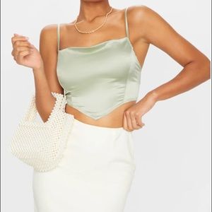 pretty little thing sage satin cowl neck crop top
